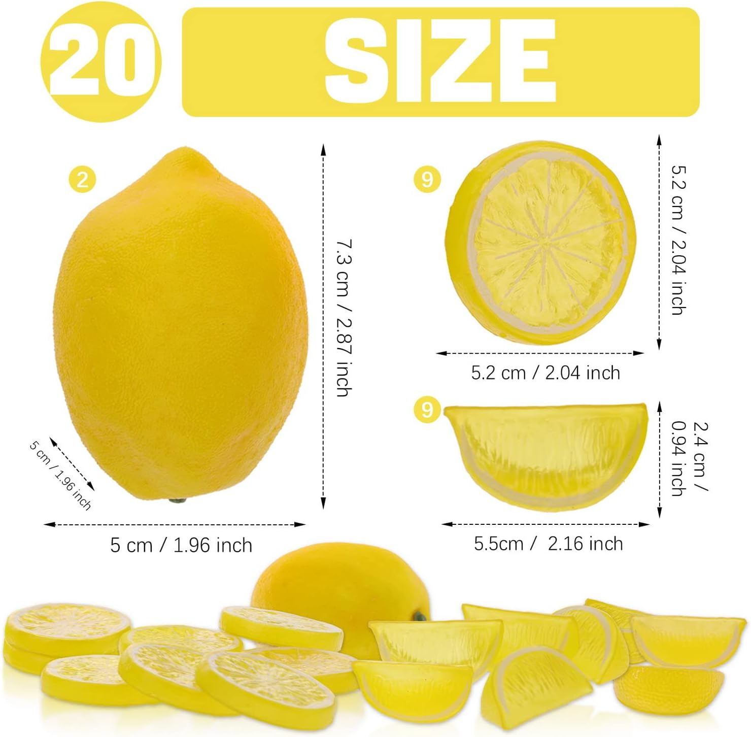Woration 20 Pack Simulation Lemon & Slices Blocks Set, Artificial Plastic Lemon Slice Lifelike Fake Lemon Decor Fake Fruit for Wedding Photography Prop Party Display