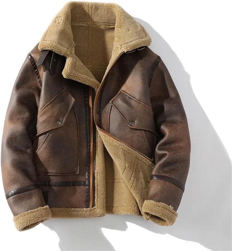 Men Suede Leather Thick Jacket Warm Outwear Patchwork Faux Lamb Wool Fur Coat