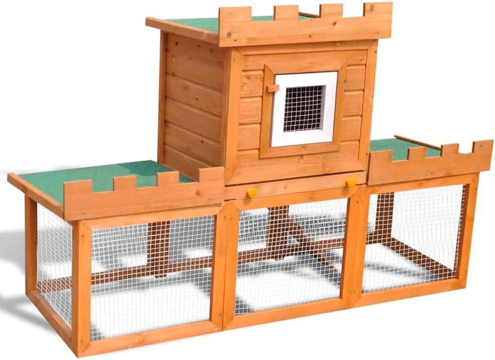 Rabbit Hutch Outdoor Wooden Run, Pet Animal Cage House, Portable Habitat Crate, Brown Solid Pine Wood, Easy Clean, 142x142x101 cm