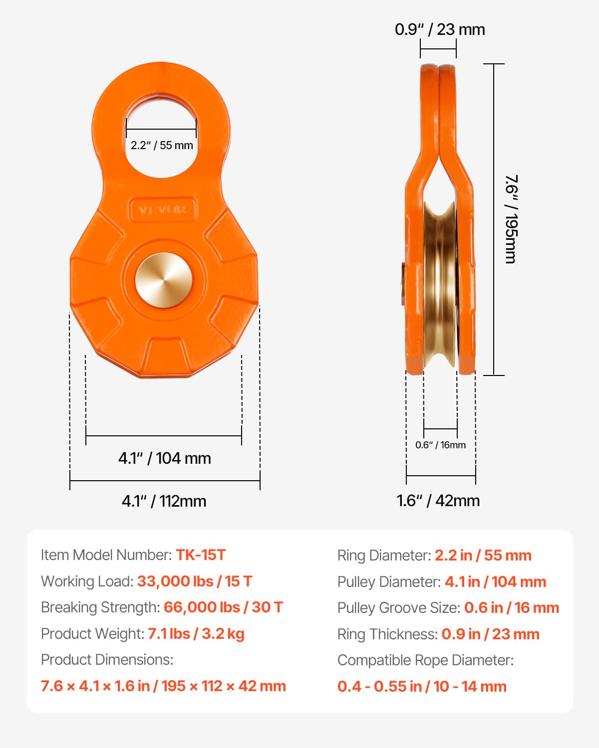 VEVOR Bloc d'arrachage, capacité de 30 T, poulie de mouflage pour corde de 10 à 14 mm, accessoire de récupération tout-terrain robuste pour le remorquage et la récupération sur camion tracteur VTT UTV