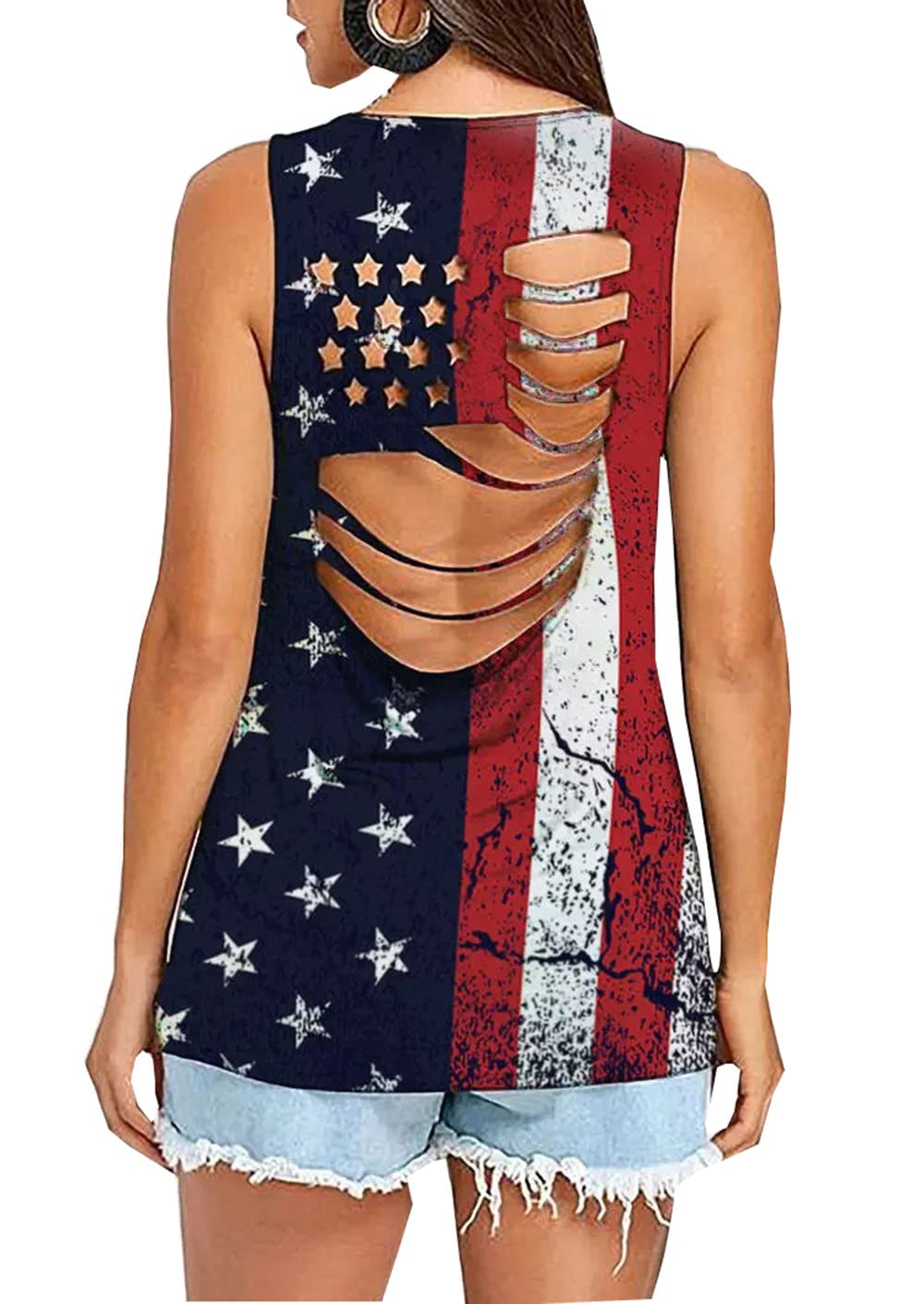 American Flag Hollow Out Tank Tops Women 4th of July Patriotic Shirt Hollow Out Stars Racerback Tank Tops