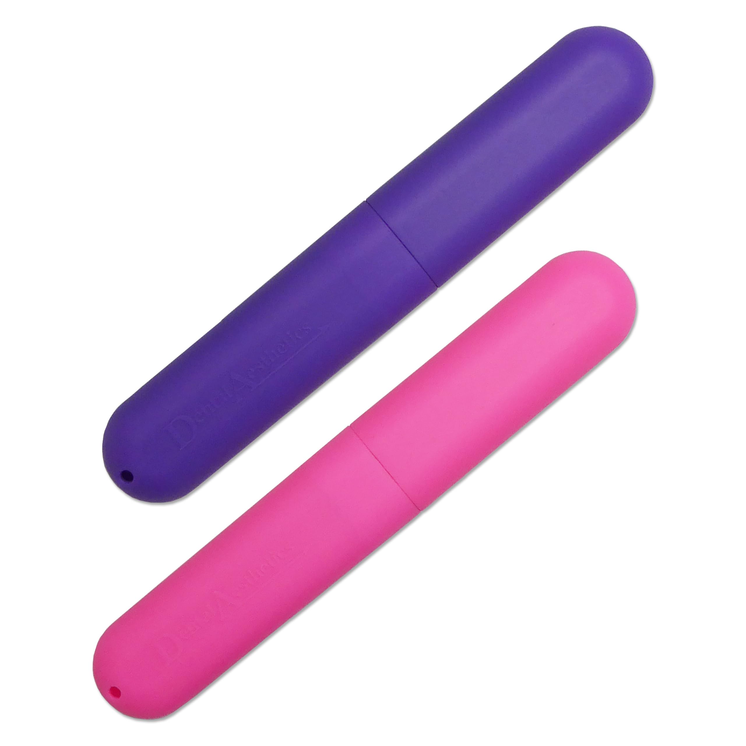 Childrens Toothbrush Case x 2 ~ Plastic Holder, Brushes Holidays, Travel Storage (Pink & Purple)