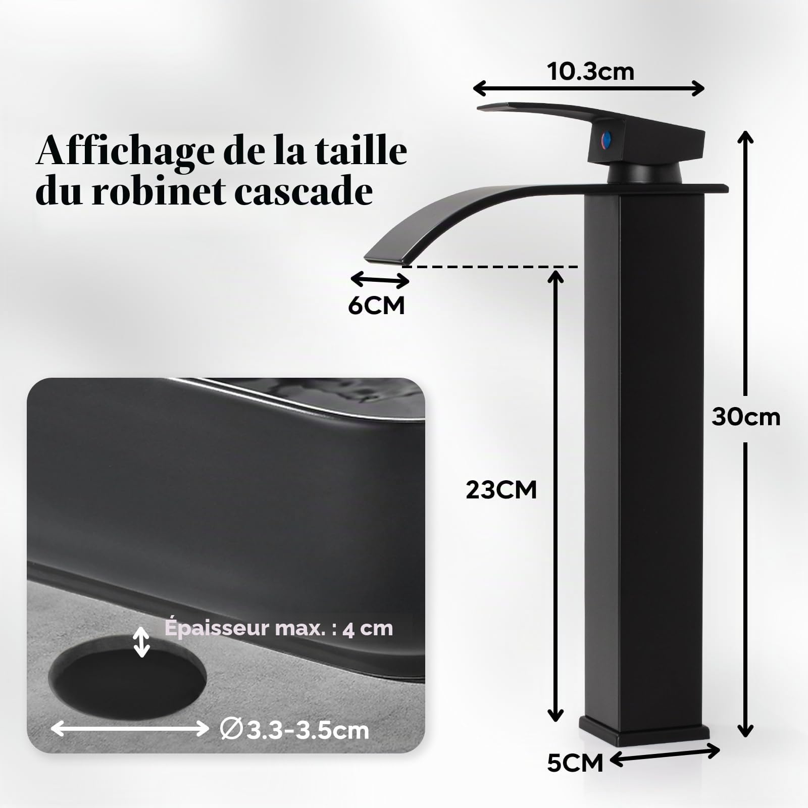 Mitigeur Lavabo Robinet Lavabo Salle De Bain Moderne Robinet Lavabo Noir Cascade Robinet Salle de Bain avec Hauteur 300 MM Mitigeur Monocommande Lavabo Eau Chaude et Froide Disponible (Noir)