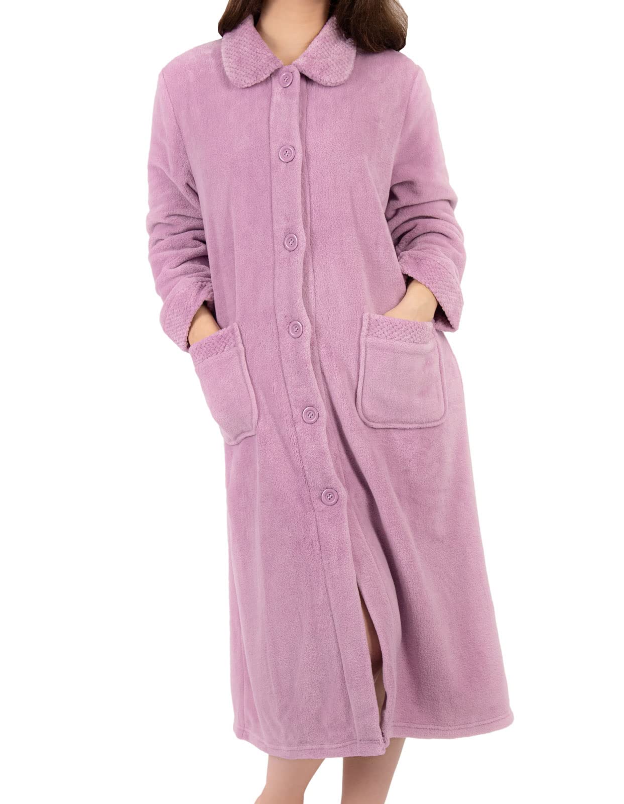 Slenderella Ladies Button Up Fleece Dressing Gown Bath Robe with Waffle Detail Medium (Heather)