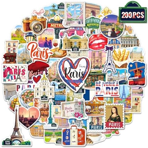 200PCS Paris Stickers for Scrapbook Journal, Waterproof Paris-Themed Travel Stickers for Luggage Water Bottle Laptop, French Landmark Vinyl Decals Party Favors