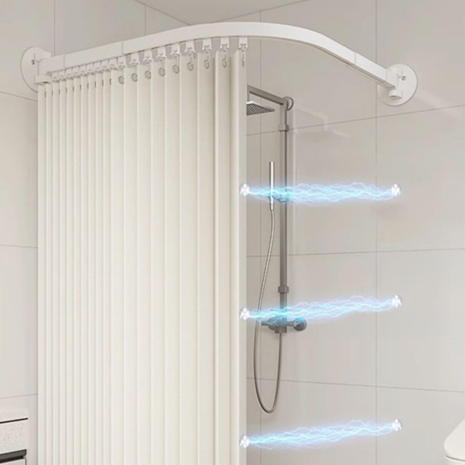 Barra de cortina de ducha de esquina ajustable – Barra de ducha curvada montada en la pared (negro, 55-95 cm x 95-130 cm) con anillos y soporte de techo para bañeras, perfecta para baños