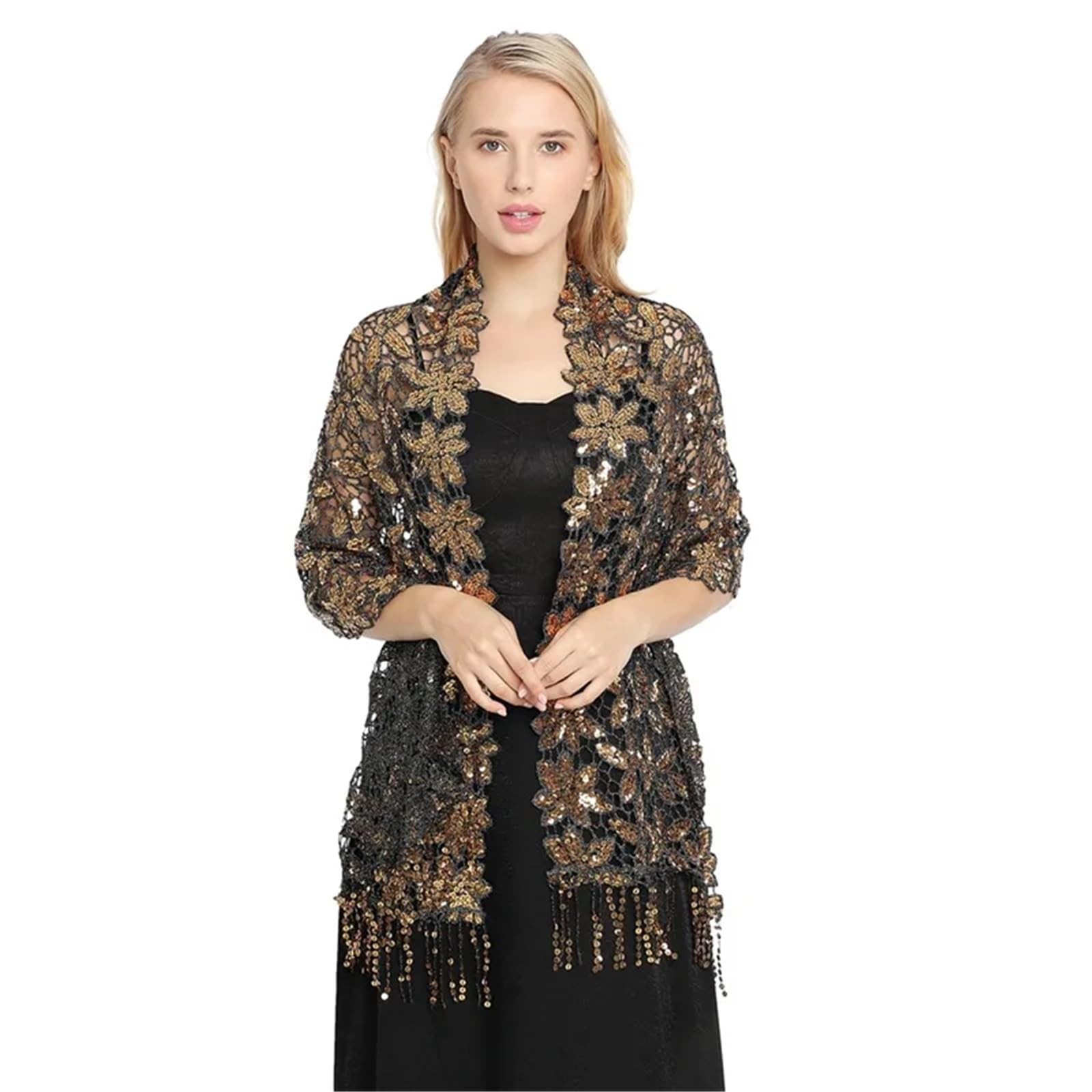 Chal Boda Vestido Formal con Capas de Chal Floral de Encaje for Mujer de Boda Transparente for Fiesta de Novia con Lentejuelas Doradas para Fiestas de Noche, Boda(Black Gold)