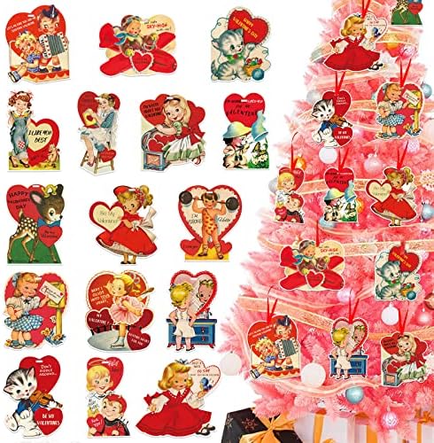 Vintage Valentines Day Ornaments for Tree 48pcs Hanging Valentine’s Day Decorations for Window Wall Tiered Tray Vintage Valentine Cards Signs Home Decor Party