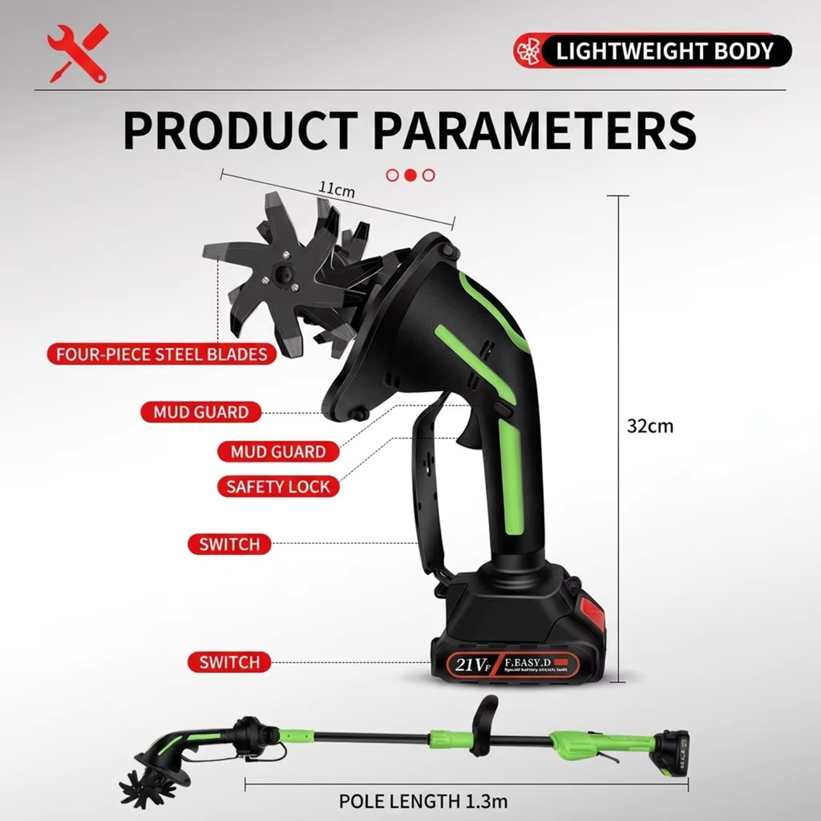 Motozappa/motocoltivatore Cordless 2 in 1, Larghezza E profondità di Lavorazione di 10cm, Motozappa Elettrica da Giardino con Asta di Prolunga da 130cm, Batterie da 24 V E Caricabatterie