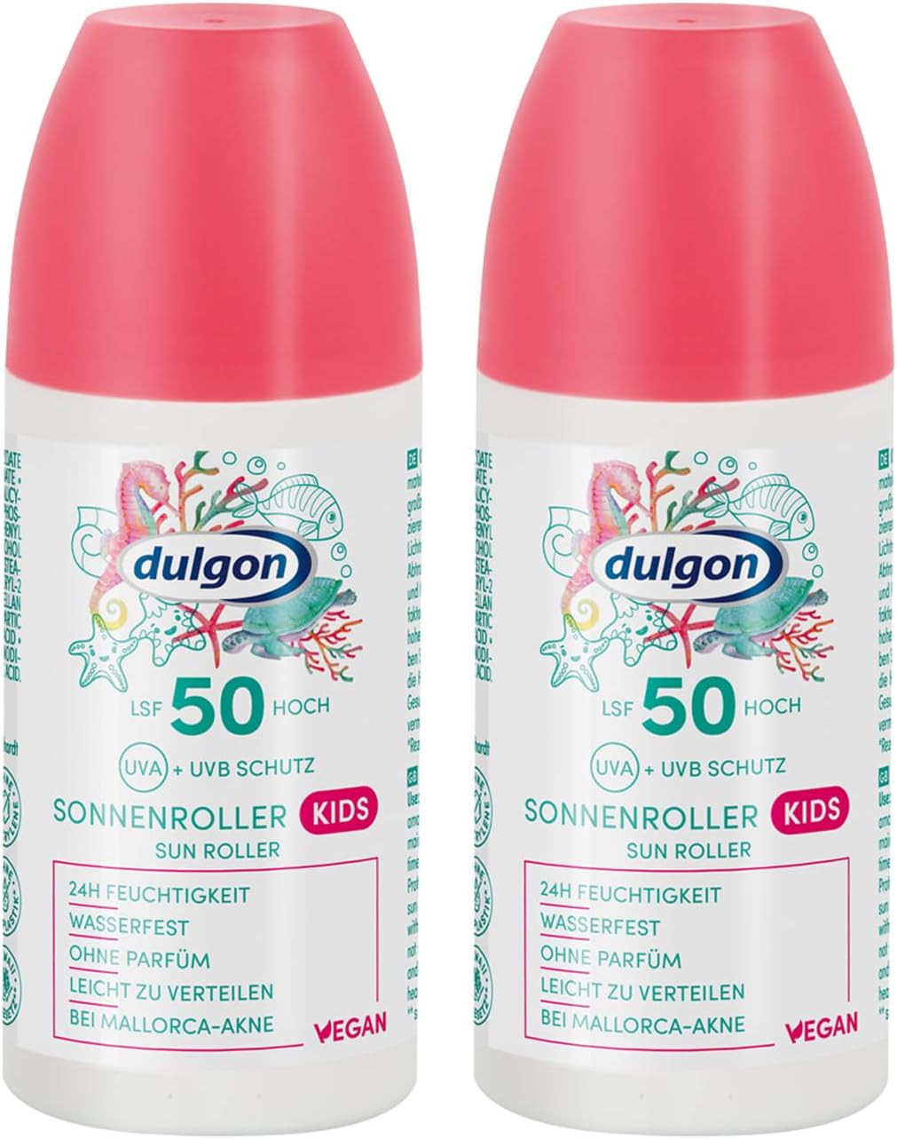 2 x SPF 50 zonnecrème-roller voor kinderen, 100 ml, bescherming tegen UVA- en UVB-straling, waterdicht en 24 uur vocht, zonnecrème voor kinderen, parfumvrij, veganistisch en microplasticvrij