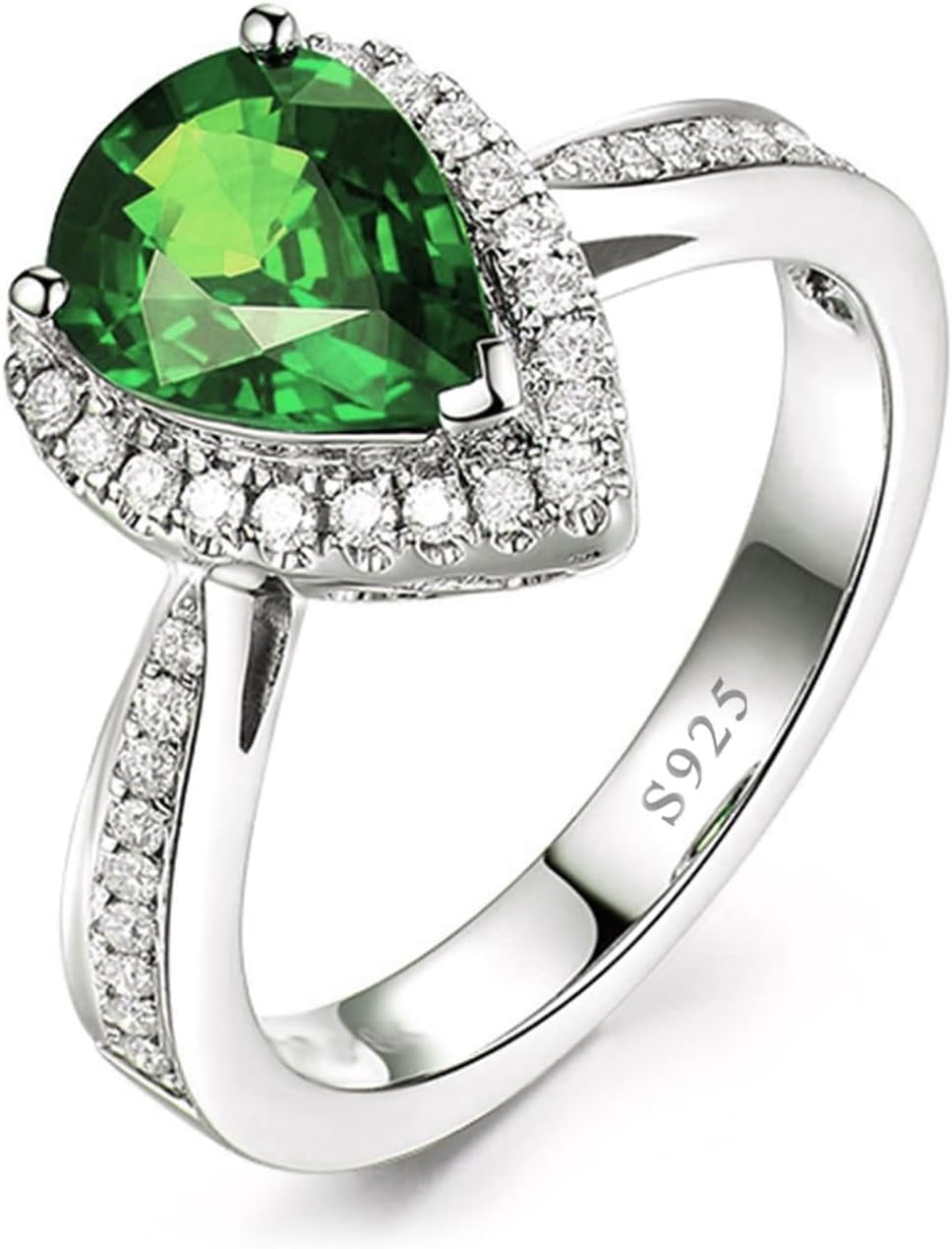 Women Rings Sterling Silver,Womens Rings 3 Claws Water Drop with Green Cubic Zirconia Women's Engagement Rings Silver