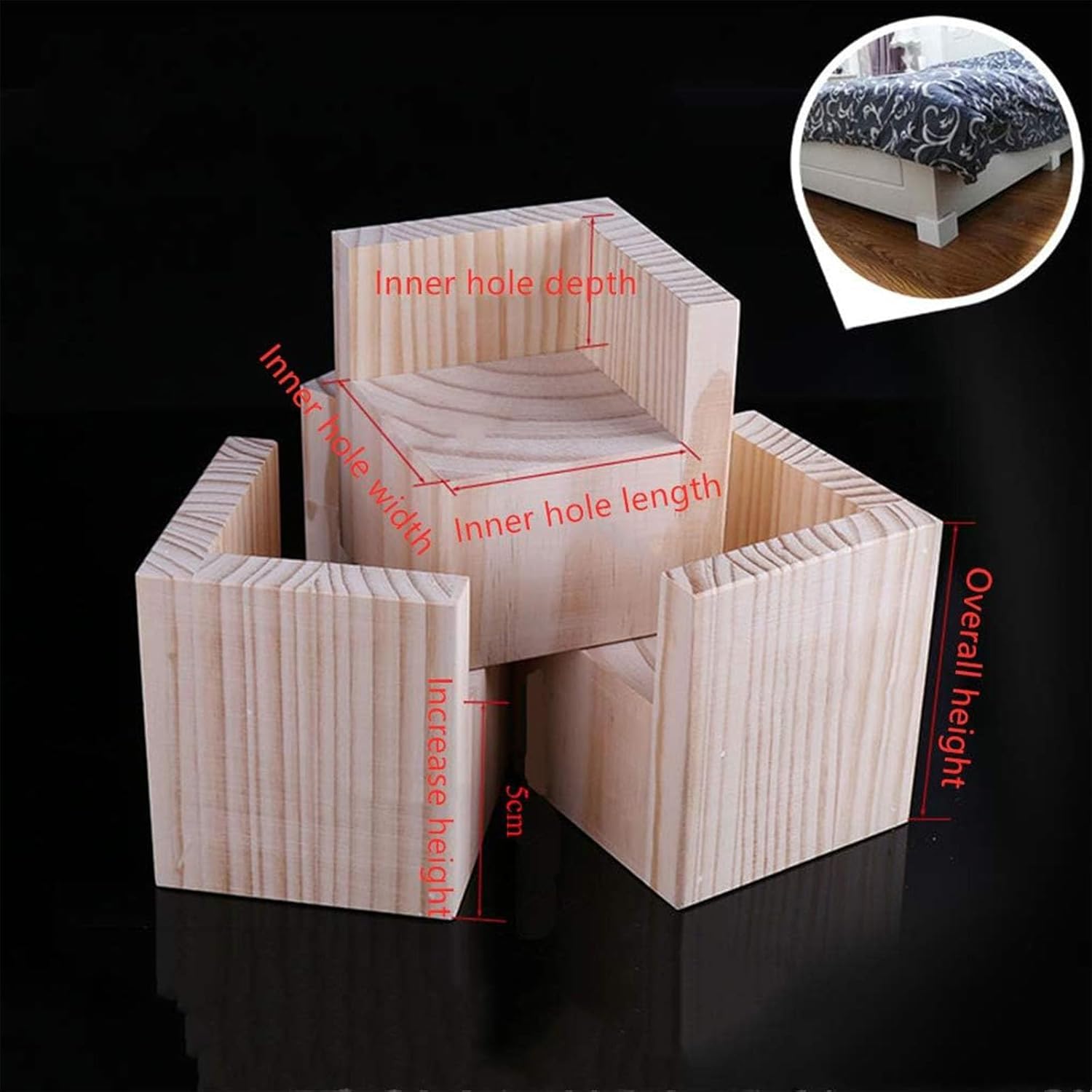 Regulowane podnóżki meblowe do łóżka, zestaw 4 stołów, biurek i łóżka, 15 x 15 x 5 cm, solidne drewniane bloki podwyższające wysokość i oszczędność miejsca