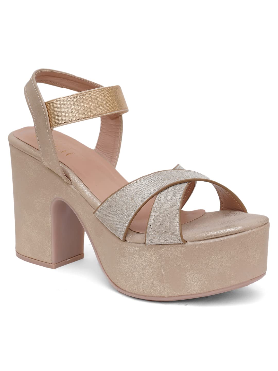 Shuz Touch Women Solid Cross Strap Sling Back Chunky Heels Sandal - Golden (B0BH117QH1) Amazon Price History, Amazon Price Tracker