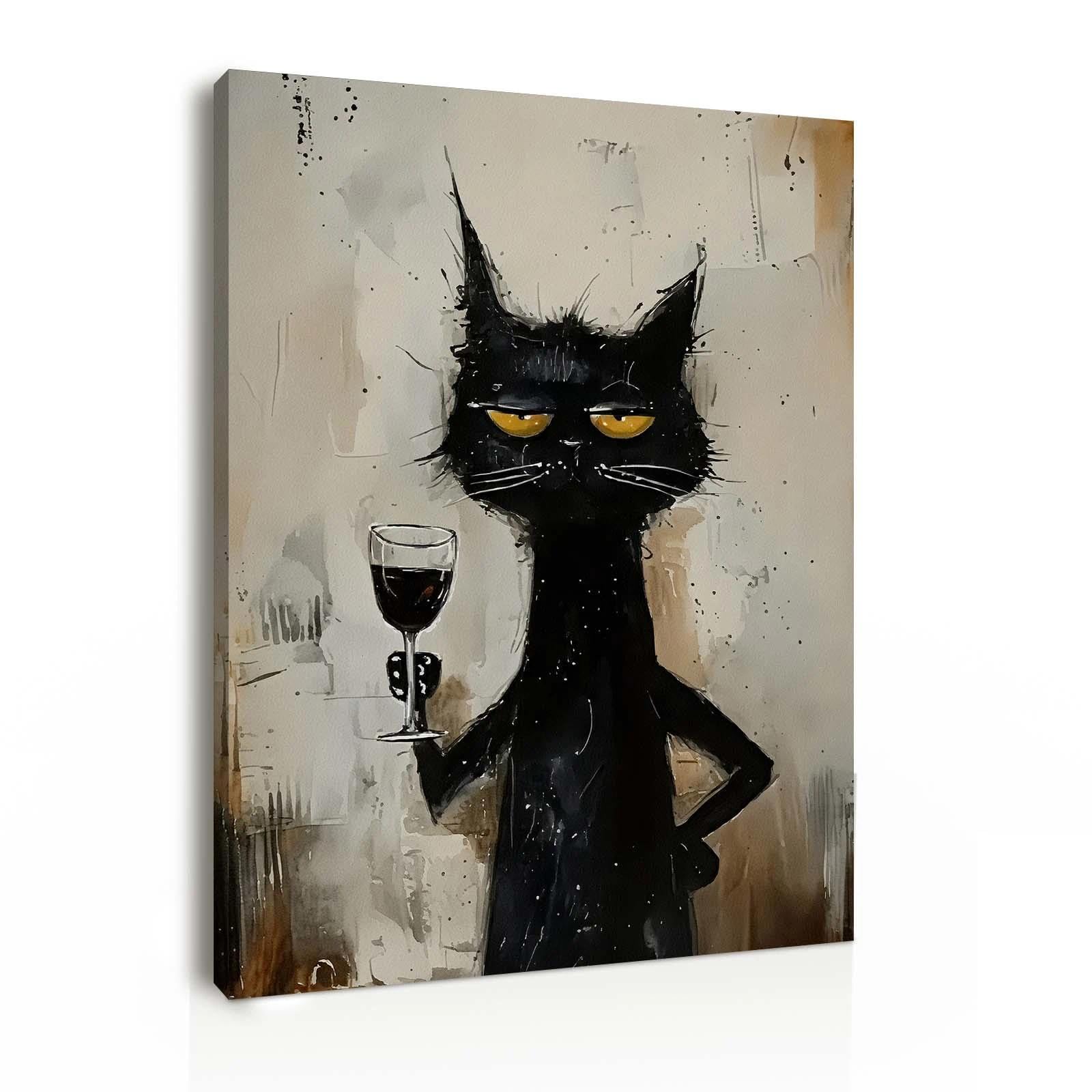 Framed Canvas Wall Art 12x16 Inch Funny Black Cat with Wine Glass Modern Animal Artwork Humorous Wall Canvas for Living Room Bedroom Dining Room Bar Café Wall Decoration Prints with Hooks Magic Tape — image 1