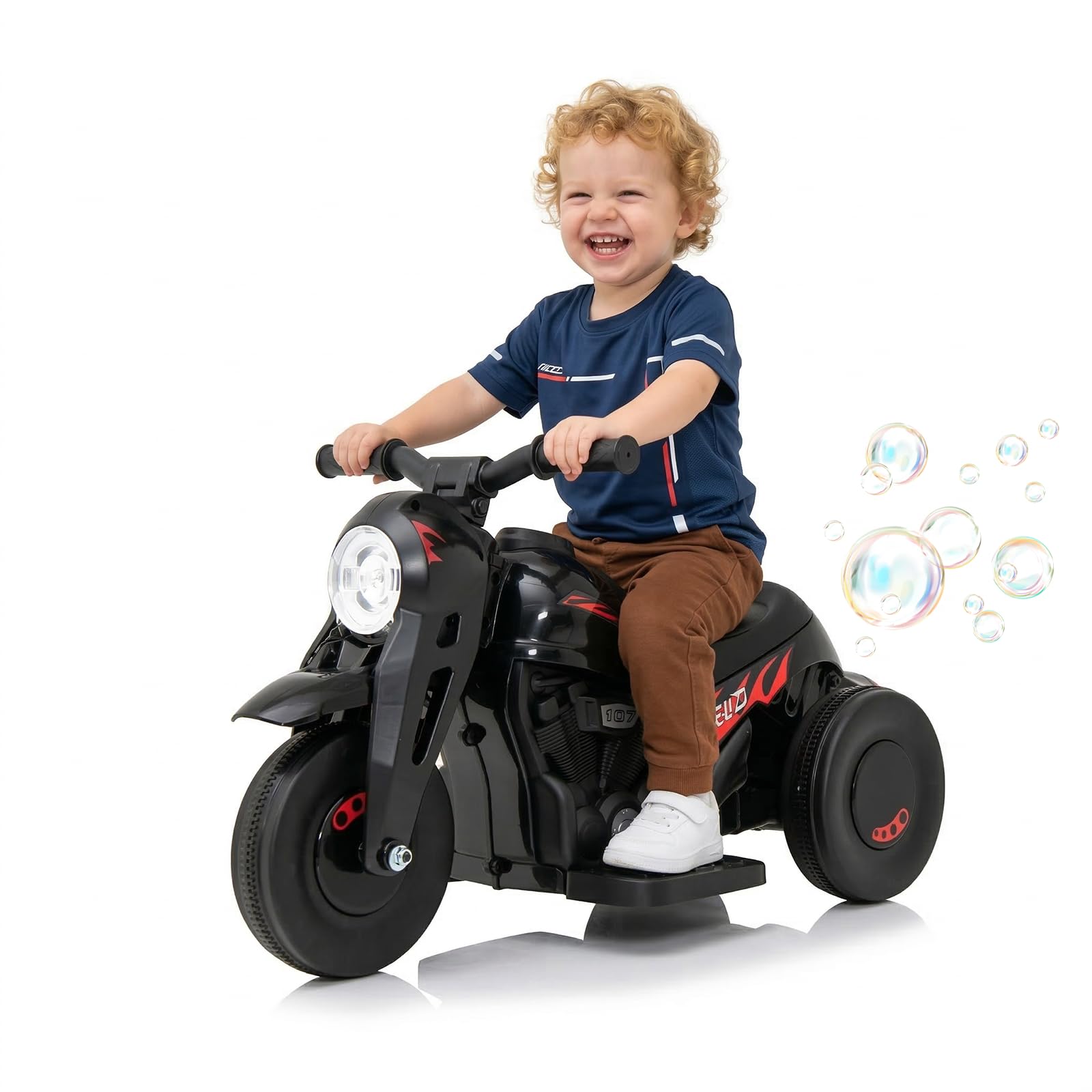 Kids Electric Motorbike, 6V Ride On Motorcycle with Automatic Bubble Function Headlight Music Foot Pedal, 3 Anti-Skip Wheels Vehicle for Boys Girls Ages 3+ (Black) โ image 1