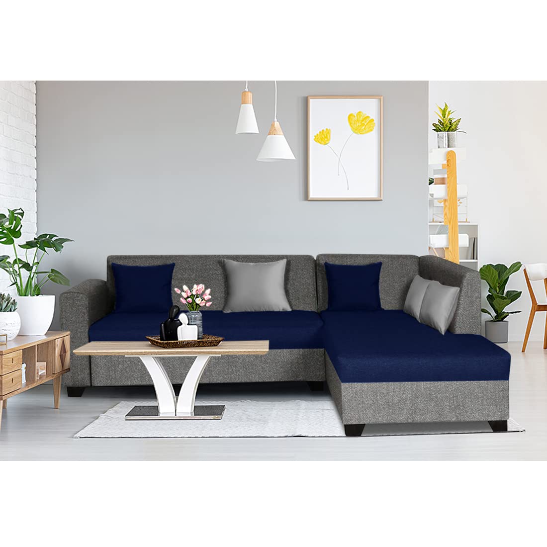 Mintcasa Bartos 5 Seater Fabric RHS L Shape Sofa Set (Blue-Grey)