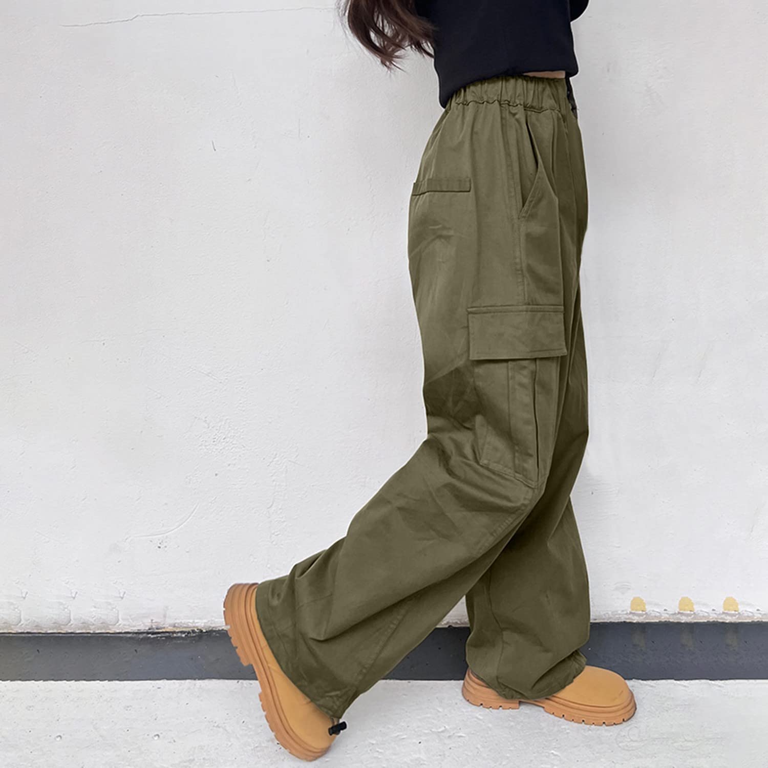 Rolanko Pantalon Cargo pour Filles, Pantalon Baggy en Coton à Taille Elastiquée avec Plusieurs Poches pour Les Enfants de 6 à 15 Ans