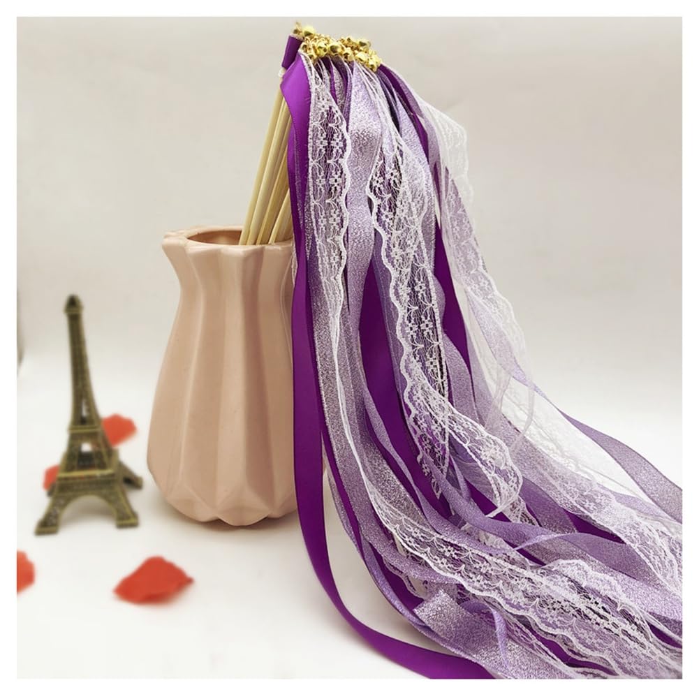 50 Stück Wedding Wands Ribbon Zauberstäbe Hochzeit Luftschlangen mit Glocken Spitzenfeenstab Seidenfeenstab für Hochzeit Weihnachten Geburtstag Baby Party Urlaub Feiern Lila 50 Stück