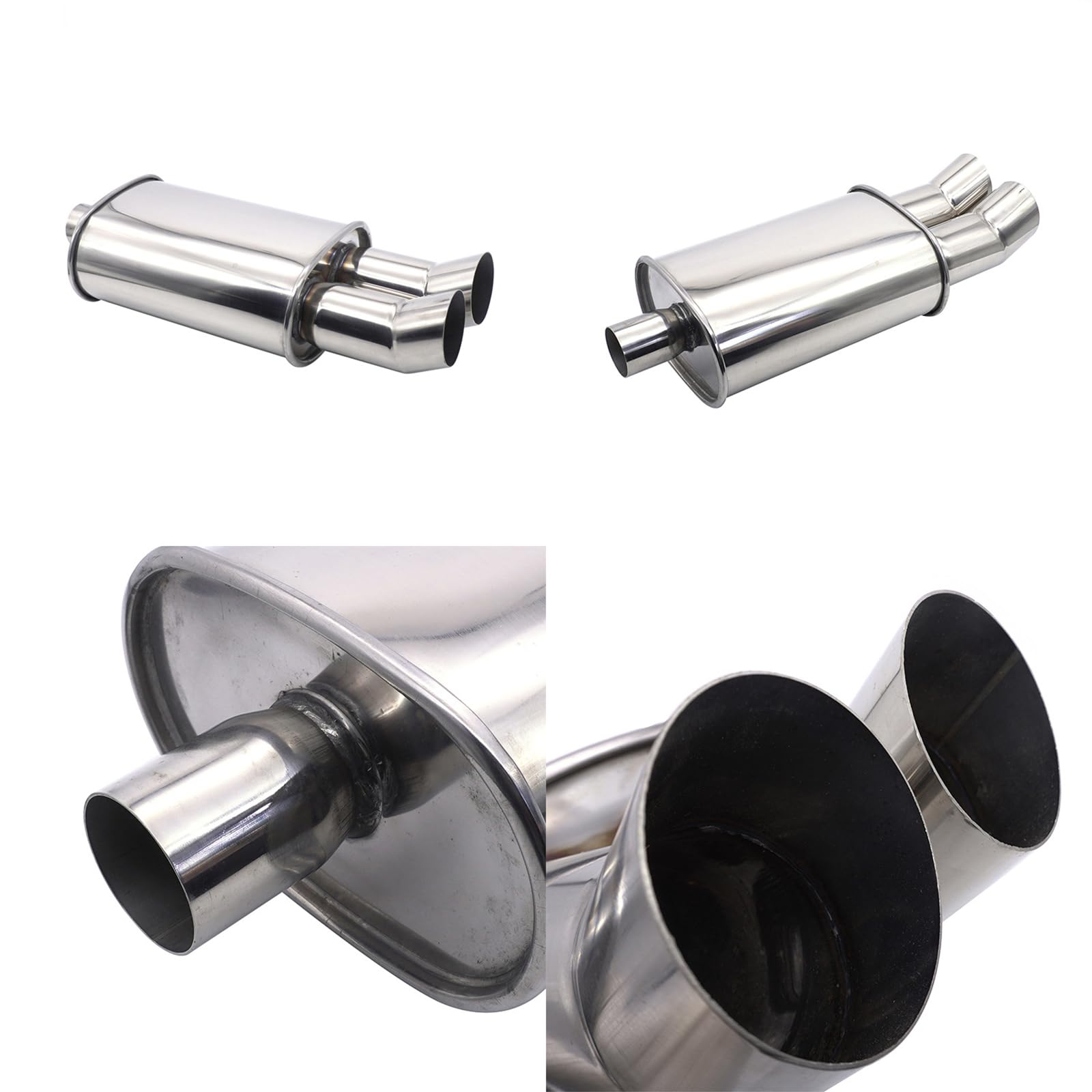 Silenciador de Escape para Coche 2.25"/57mm con Doble Salida Resonador de Acero Inoxidable Diésel Punta de Escape Turbo Sonido 53.5cm Longitud Cola Doblada Universal para Sedán SUV (Plateado)