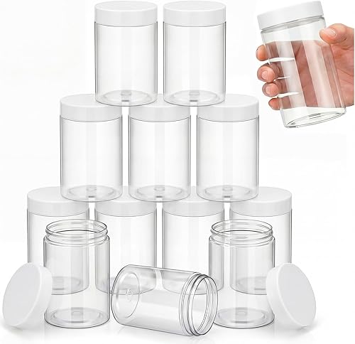 Miniatura 5 de SATINIOR Paquete de 12 tarros de plástico de 10 onzas con tapas, tarros redondos transparentes para cosméticos de viaje, para artículos de tocador