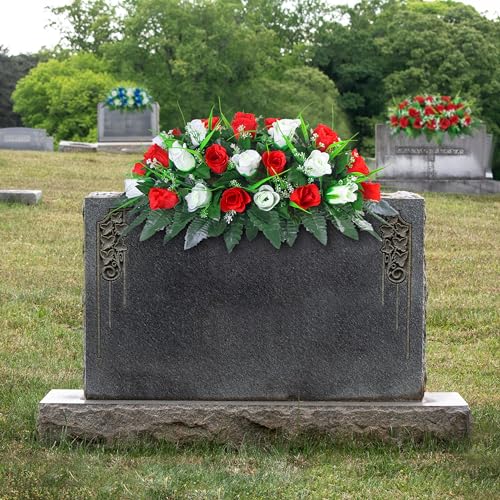 LVXINLI Artificial Cemetery Flower-Outdoor Grave Saddle Headstone Decorations,Red and White Rose Memorial Day Flowers for gravesite (Red and White)… image 2