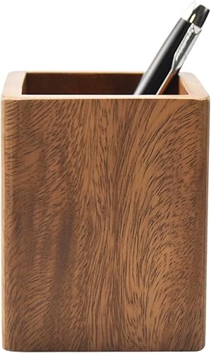 Portalápices de madera de nogal para escritorio, soporte de madera natural para oficina y hogar (cuadrado)