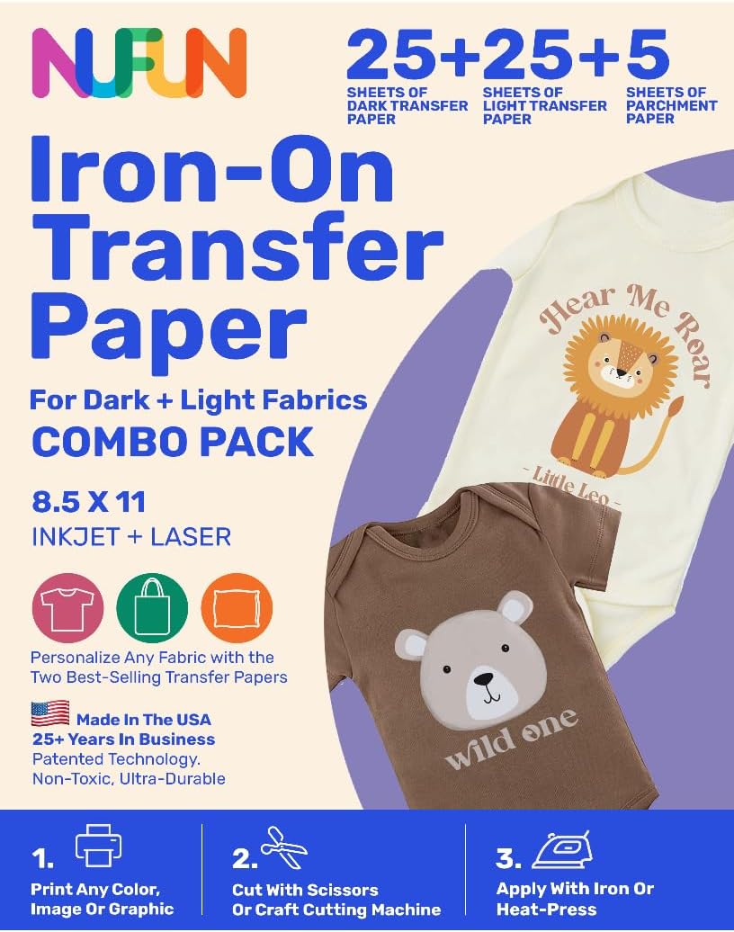 NuFun Activities Printable Iron-on Heat Transfer Paper Combo for Light & Dark Fabrics, 25 Light/25 Dark 8.5 x 11 inch, Long Lasting, Durable, Professional Quality, Easy DIY, Non-Toxic, Made In the USA