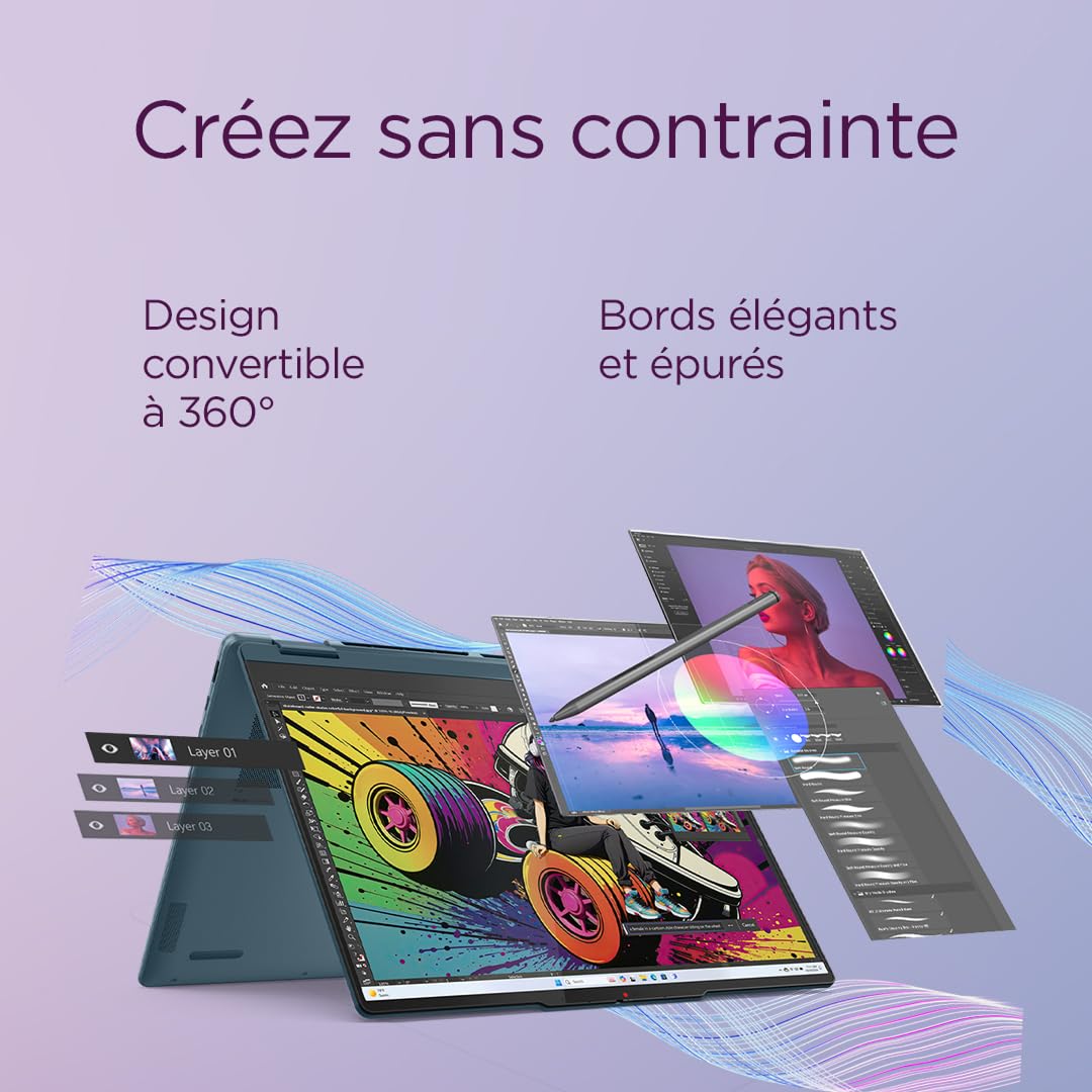 Lenovo Yoga 7 2-in-1 14AKP10 Ordinateur Portable 14" OLED AMD Ryzen AI 5 340 RAM 16Go SSD 512Go AMD Radeon 840M Windows 11 Home Clavier AZERTY Tidal Teal