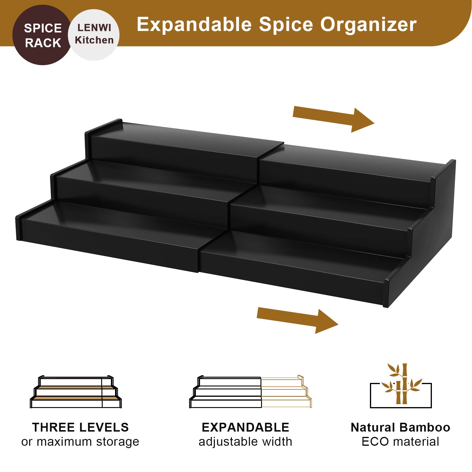 Lenwi Organizador de especias para gabinete, almacenamiento de especias de bambú expandible de 3 niveles, ideal para armarios de cocina, armarios, despensas y más (negro)
