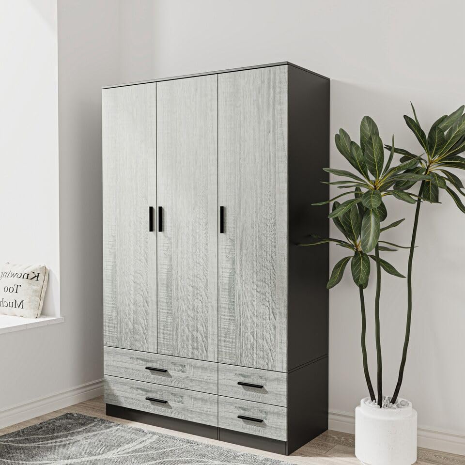 URBNLIVING Modern 3 Door 4 Drawer Wardrobe with Hanging Rail, Bedroom Furniture, Storage Shelf Clothes Organiser Stylish Design, Ample Storage Solution