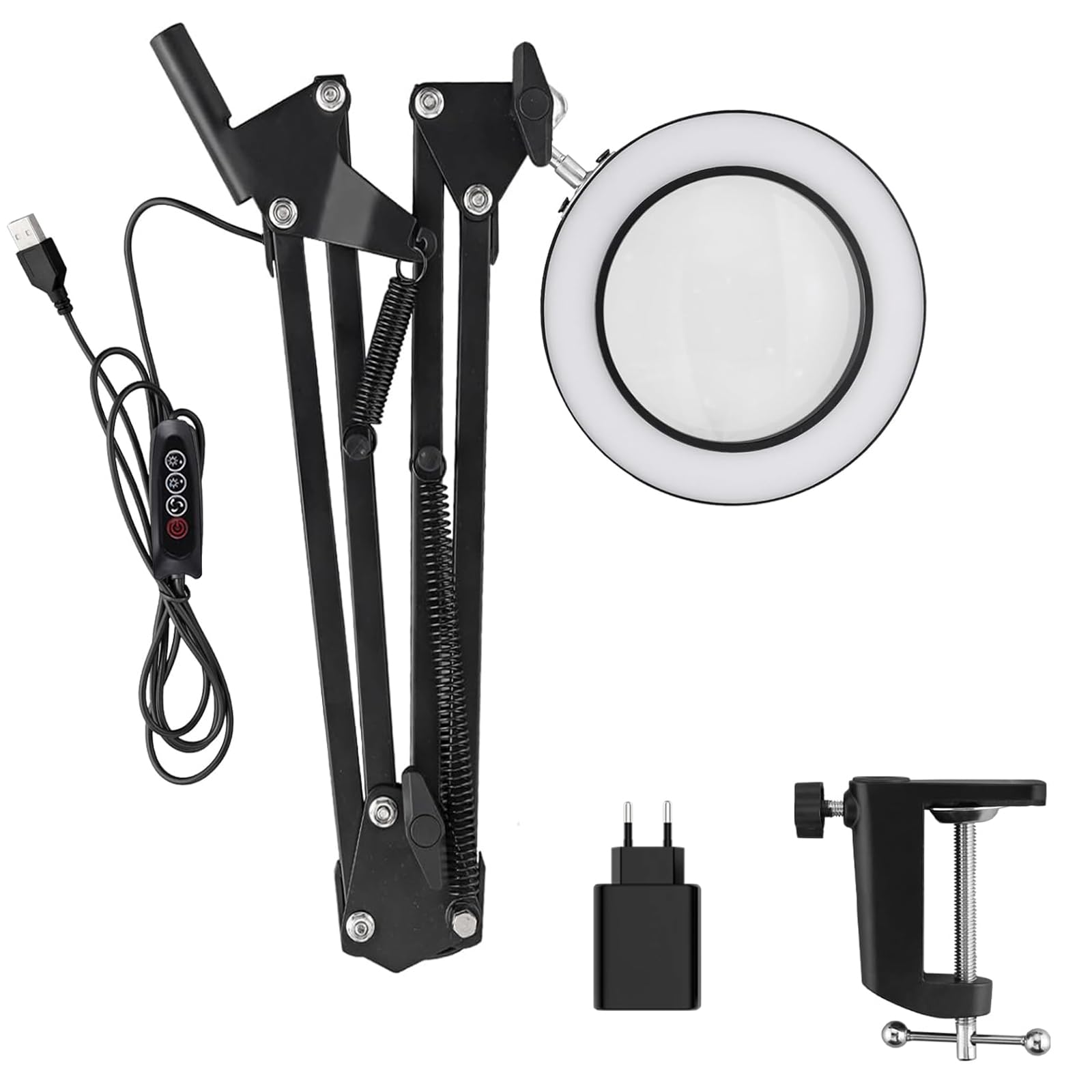 Lampada con lente di ingrandimento a LED con morsetto, ingrandimento fino a 15 volte a seconda della distanza, lampada dimmerabile con 3 modalità di colore, lente d'ingrandimento da tavolo con luce