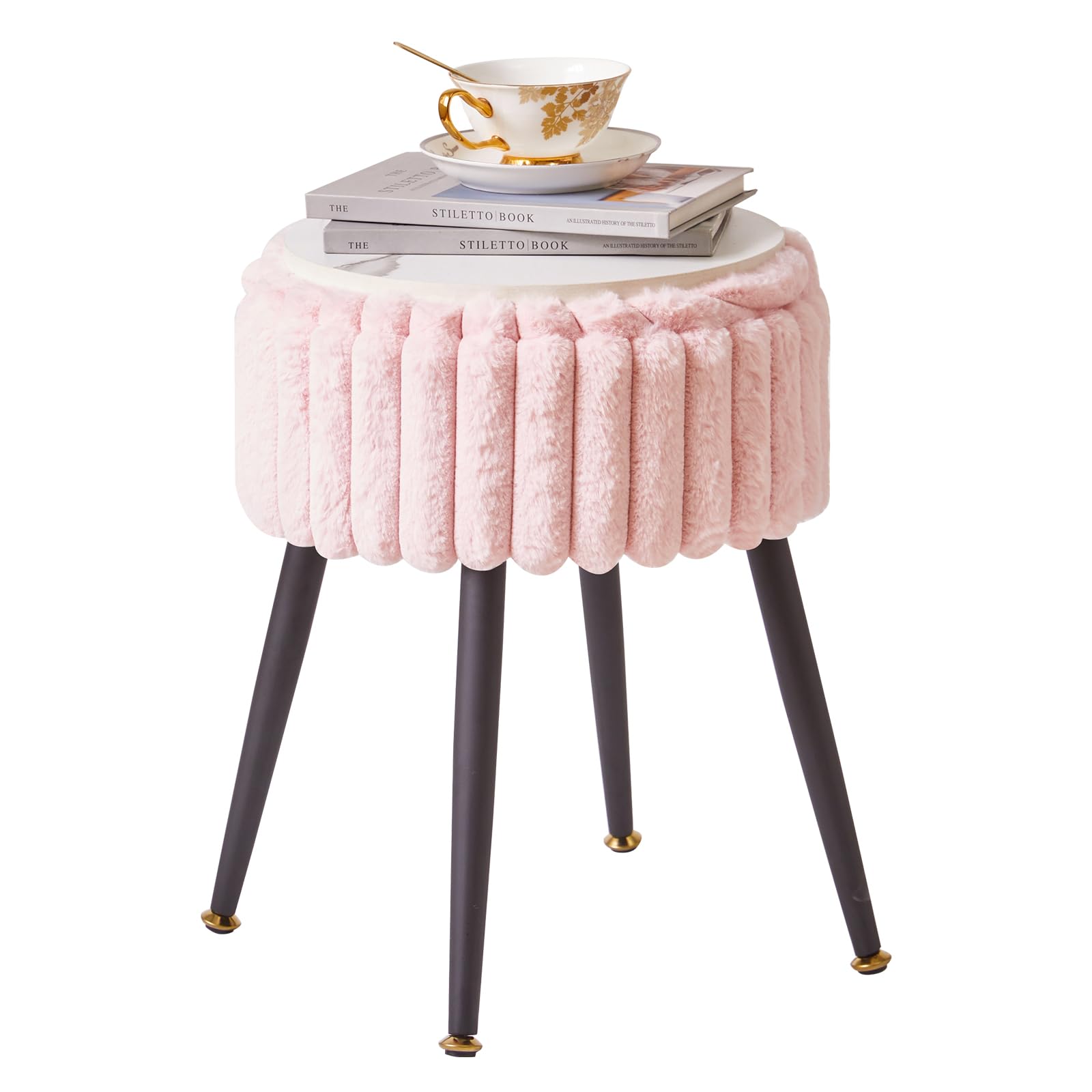 Aibiju Stool Chair with Storage Space, Makeup Vanity Stool Side Table, Velvet Dressing Table Seat, Pouf Couch Ottoman for Home Living Room Bedroom, Pink YD-MS152P