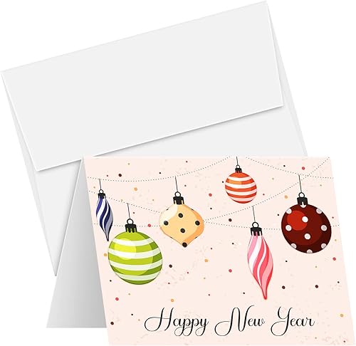 Tarjetas de felicitación y sobres de feliz año nuevo 2026 – Bolas de colores brillantes, saludos navideños navideños, invitaciones, agradecimientos,