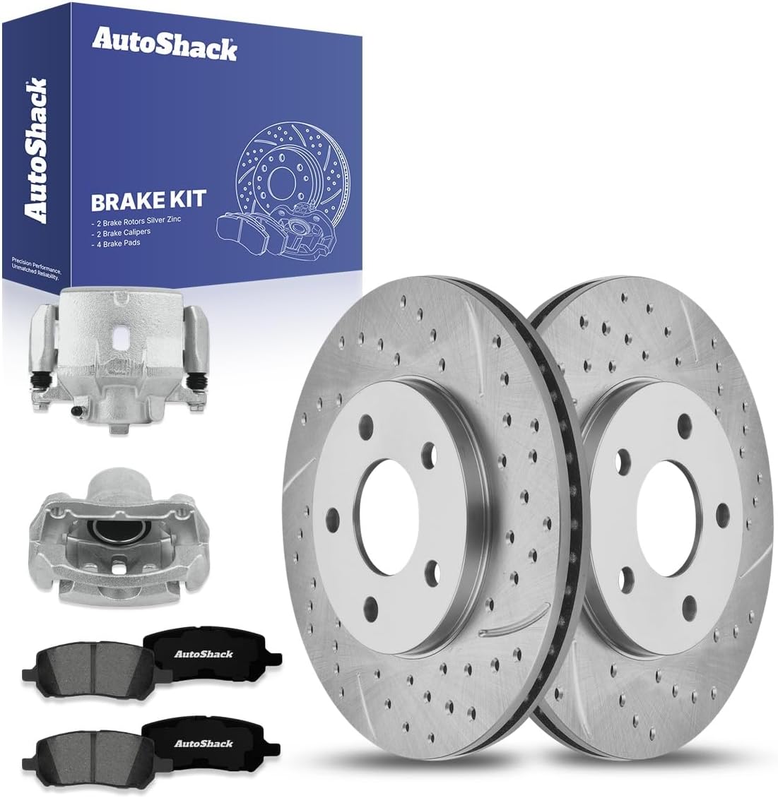 AutoShack Front Vented Drilled & Slotted Silver Zinc Coated Brake Rotors + Premium Ceramic Pads + Calipers 8-PC Brake Kit Replacement for 2006-2011 Chevrolet HHR SilverShield Pro 10.85" (275.7 mm)