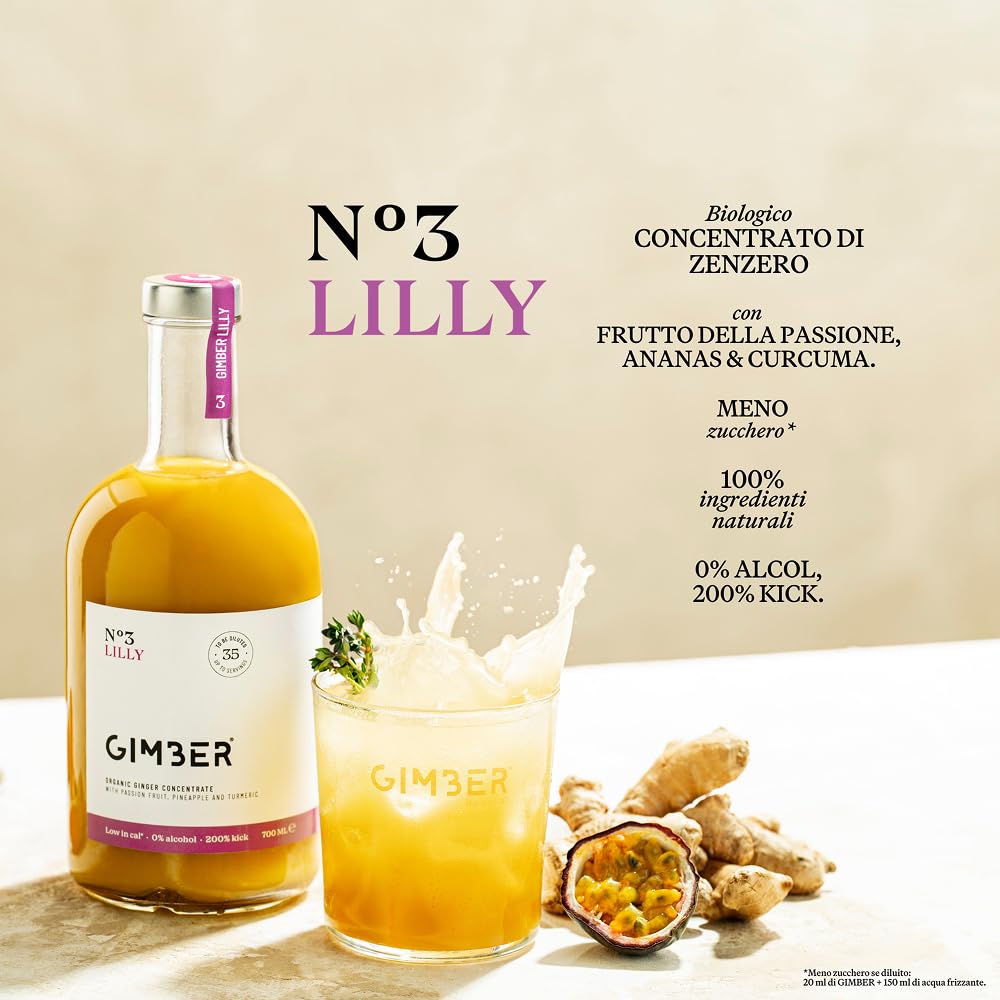 GIMBER N°3 500 ml Lilly – Concentrato di zenzero biologico | Concentrato analcolico di zenzero, frutto della passione, ananas e curcuma | Essenza premium per bevande, cocktail, cocktail e analcolici