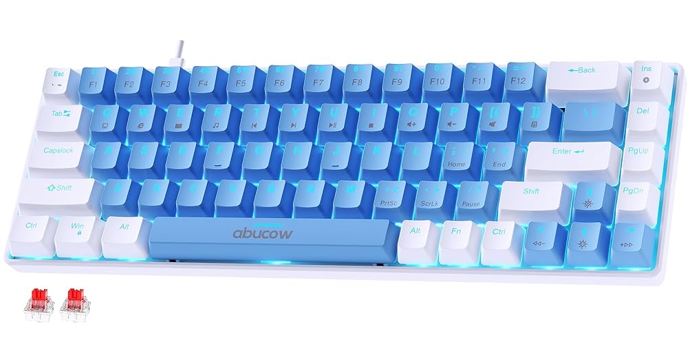 abucow 60% Mechanical Keyboard with Blue Backlight 68-Key Gaming Keyboard White-Light Blue Keycaps - Red Switches for a Premium Typing and Gaming Experience on PC and Mac
