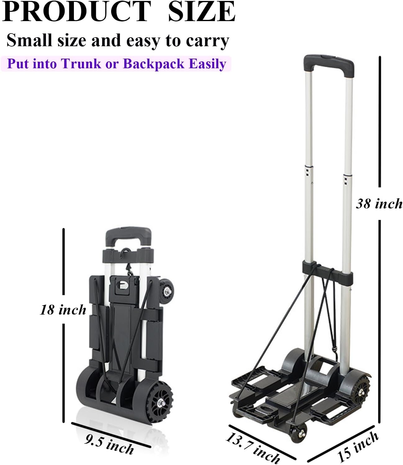 Folding Hand Truck with Expandable Chassis - Luggage Cart Foldable Dolly with 4 Swivel Wheels, Lightweight for Easy Travel, Shopping, and Office Use,77lbs(Black)