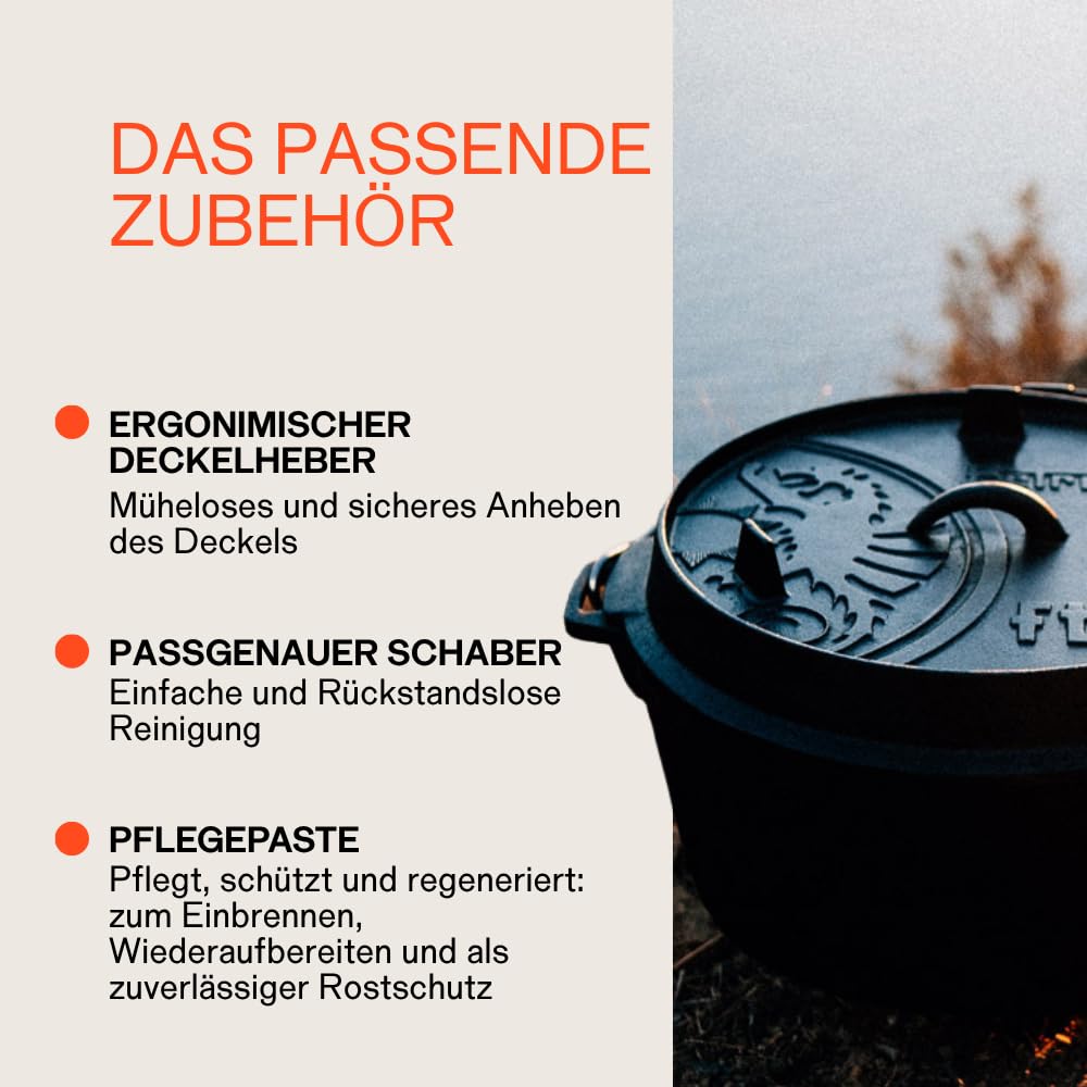 Petromax Feuertopf ft6t Einsteiger-Set - Dutch Oven mit planem Boden inklusive Deckelheber, Pflegepaste und Schaber - für alle Grillarten und offenes Feuer - 5,5 Liter
