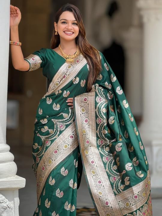 Image of Florely Women's Kanchipuram silk sarees Handloom Pure Golden Zari Saree For Women | Traditional Festive Wedding Party Saree | Ethnic Saree With Blouse Piece