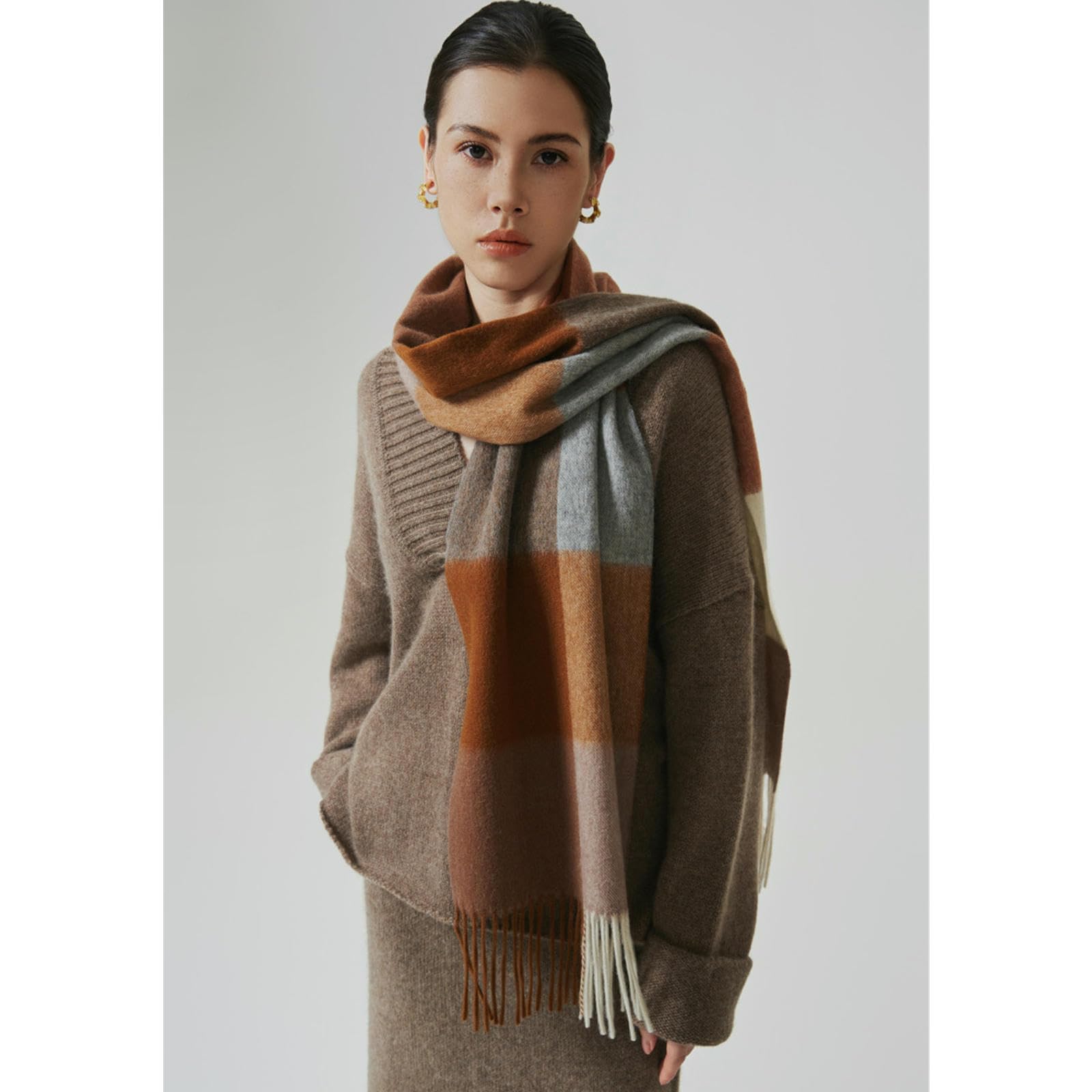 Damenschal Schal Für Damen, Herbst Winter, Hochwertiger Karierter Schal, Vielseitig, Warm, Halstuch Mit Quasten-grau-190 * 31cm (inkl Bart)
