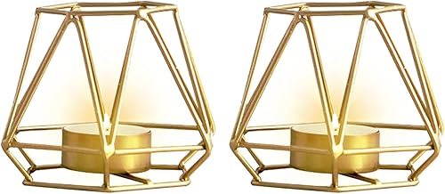 2 portavelas votivas de metal con forma hexagonal de diseño geométrico para luz de té, portavelas huecos de hierro para decoración vintage del