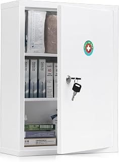 KYODOLED Locking Wall Mount Medicine Cabinet with Key - Large 15.75x11.82x4.72 Inch Secure Steel Storage for Bathroom Meds & First Aid, White