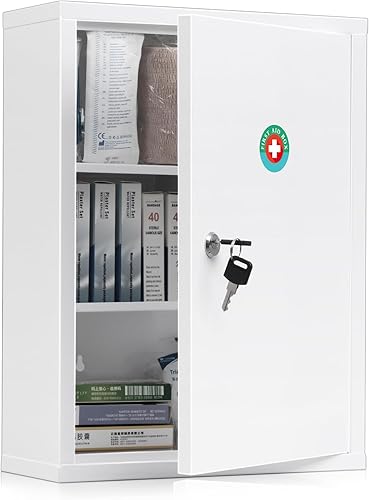 KYODOLED Botiquín con bloqueo de montaje en pared, gabinete de primeros auxilios de gran capacidad para baño, botiquín con llave, caja de seguridad