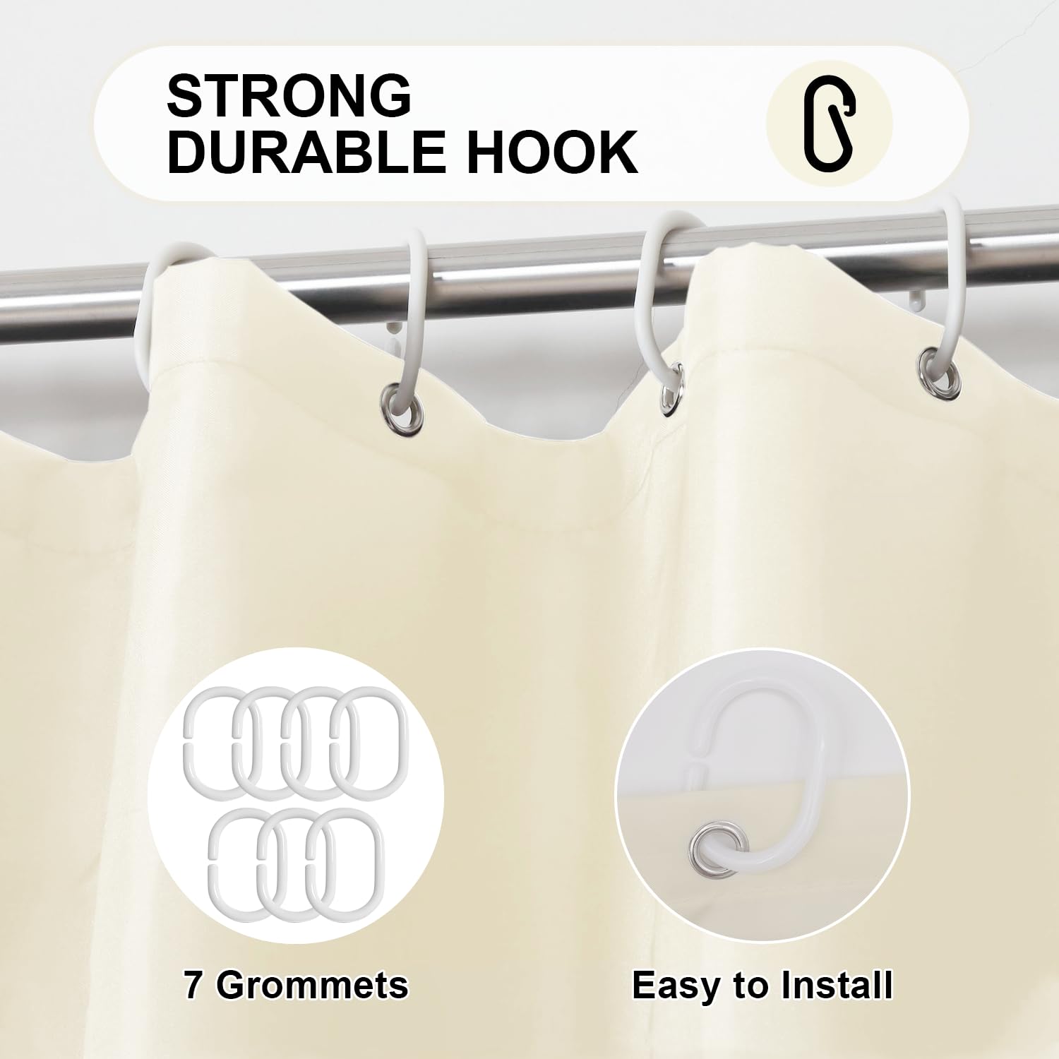 LUKDUNG 100 x 200 cm Polyester Textile Shower Curtain Anti-Mould for Bathroom, Curtain for Bathtub Shower Made of Fabric Waterproof Washable Shower Curtain with 7 Hooks Beige - Image 4