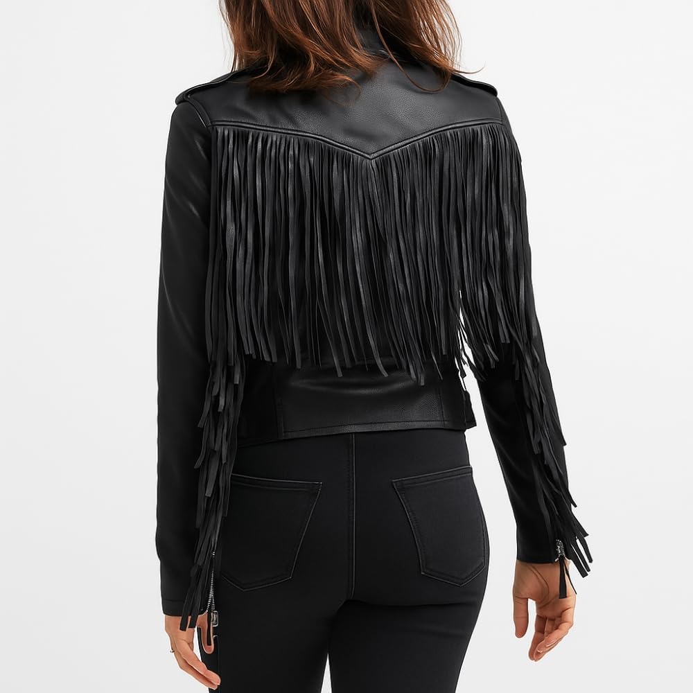 Women's Genuine Leather Black Fringe Jacket - Western Style Biker Jacket with Tassels