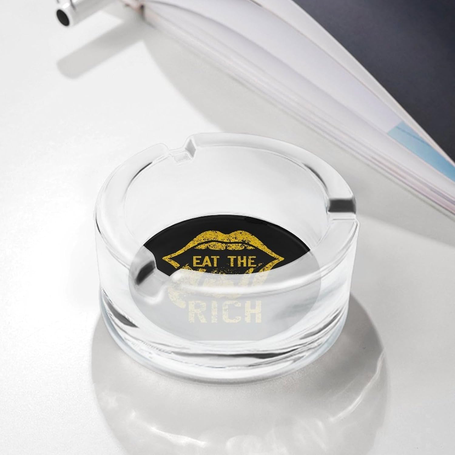 Eat The Rich Glass Ashtray for Cigarettes Round Home Ash Tray for Patio Outdoors
