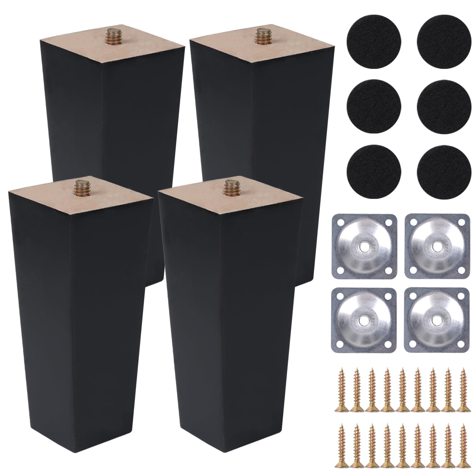 4 Piezas Patas para Muebles Madera Negro 20cm con Placa de Montaje Tornillos y Protectores de Suelo Pies para Muebles Cuadradas para Mesa de Té Sofá Cama Cajonera Mueble TV