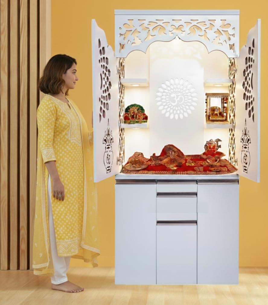 Alpine Willow Premium 3X7 Ft Temple for Home with Door | Puja Mandir for Home Big Size | Pooja mandir with Door Big Size | Temple with Doors for Office | Large Devghar with LED Lights Puja Stand