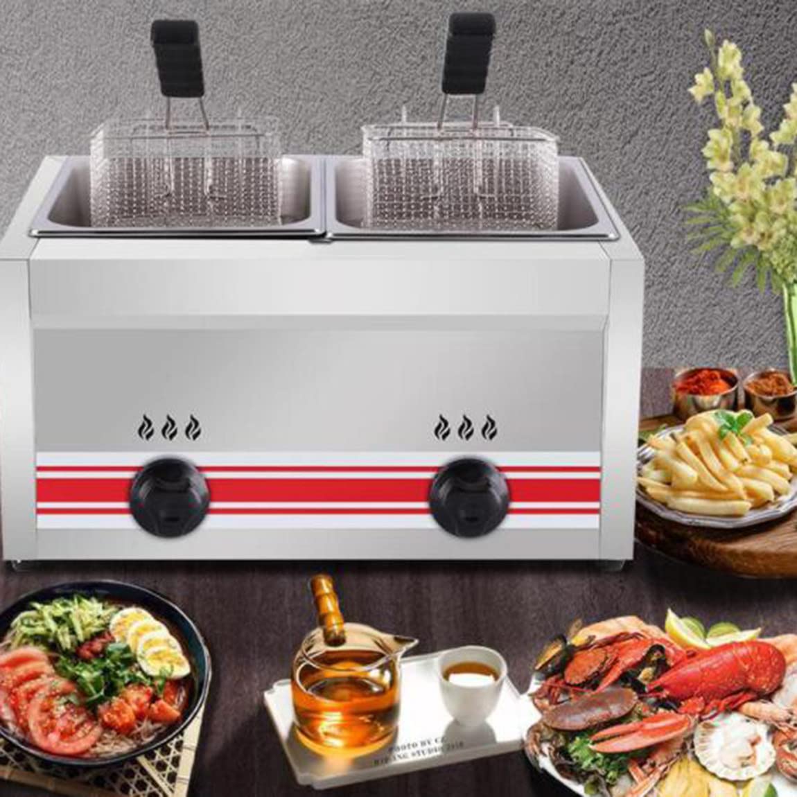 Friggitrice a Gas Professionale, friggitrice Professionale in Acciaio Inox con cestelli e coperchi, per Cucina Domestica, Ristorante Commerciale, 10 l (10 l + 10 l)