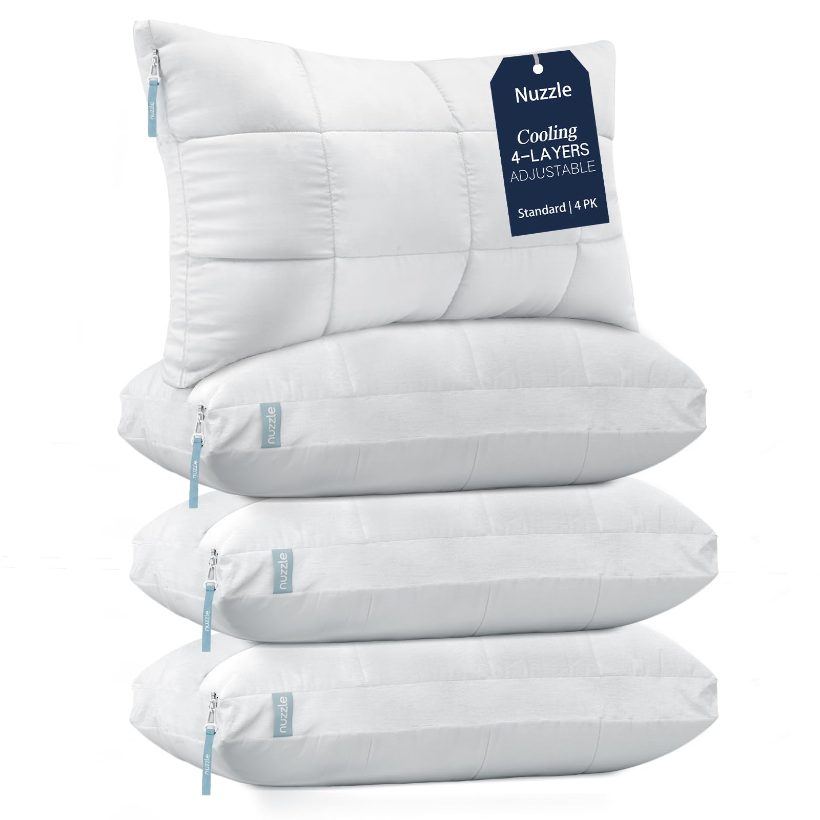 Nuzzle Pillows Standard Size Set of 4,Adjustable Firm Pillows Luxury Hotel Collection Bed Pillows – Best Adjust Height Soft Cooling Pillows for Back, Stomach and Side Sleepers